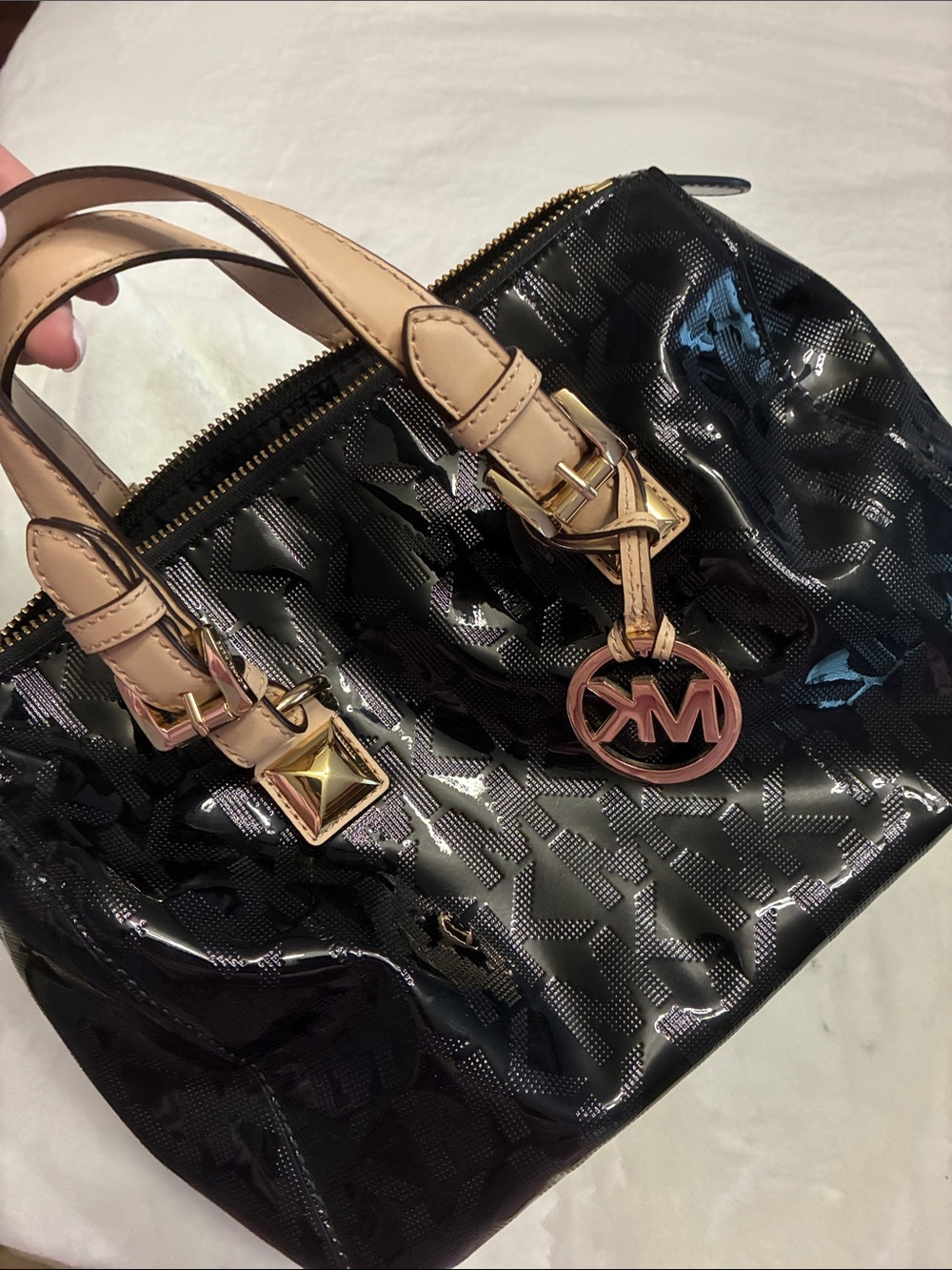 Michael Kors Black Patent Satchel with Neutral Beige Handles and Gold Hardware